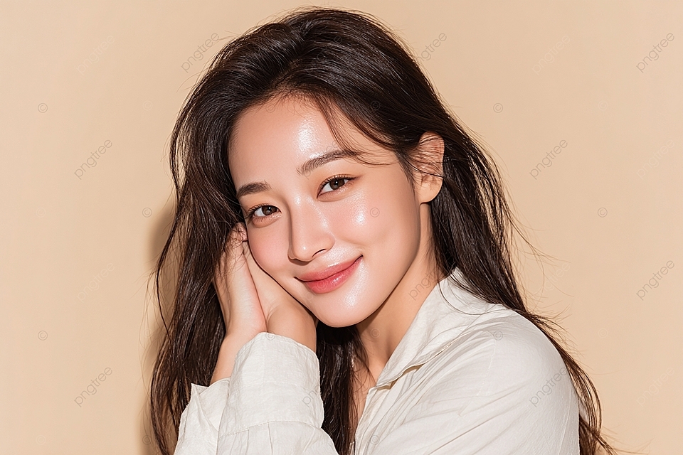 年轻美丽的韩国妇女在护肤促销中