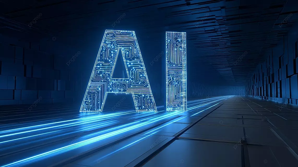 具有电路图案和光线的未来科技空间中发光的蓝色人工智能字母