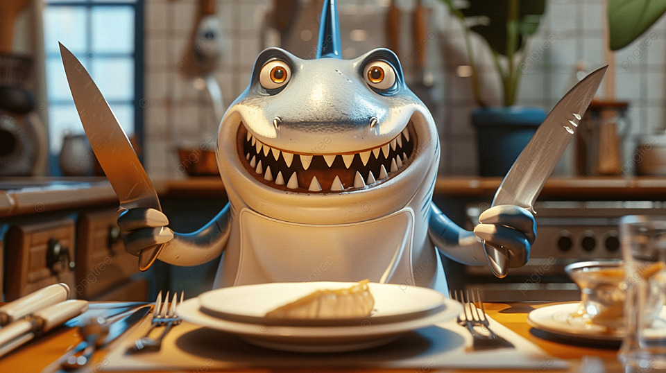 快乐的拟人鲨鱼坐在厨房的桌子上