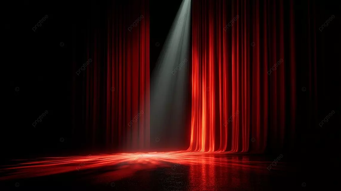舞台聚光灯在红色窗帘上闪耀在黑色背景上