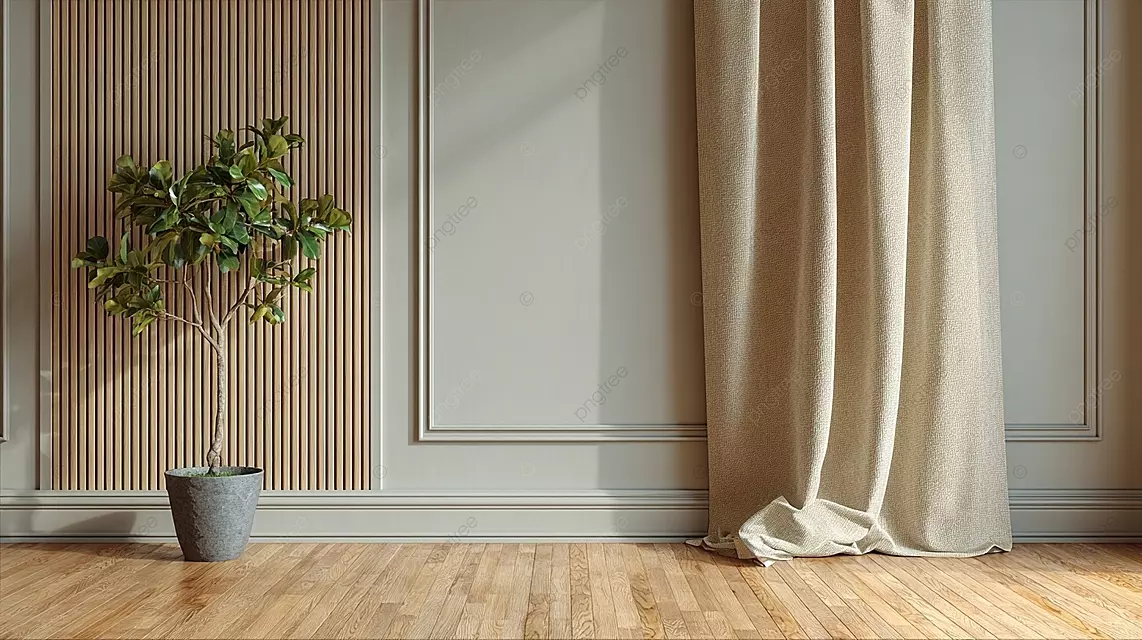室内空间，带浅灰色墙壁木地板绿色植物和米色窗帘