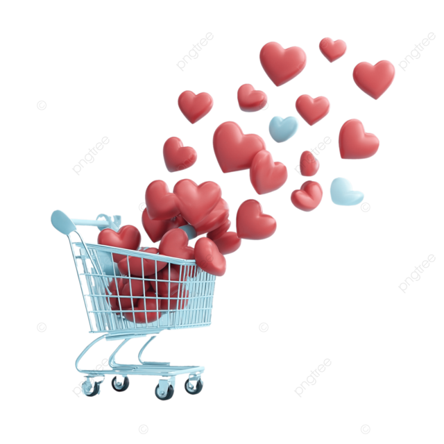 迷人的3D购物车，带有心脏点缀在柔软的柔和蓝色背景上