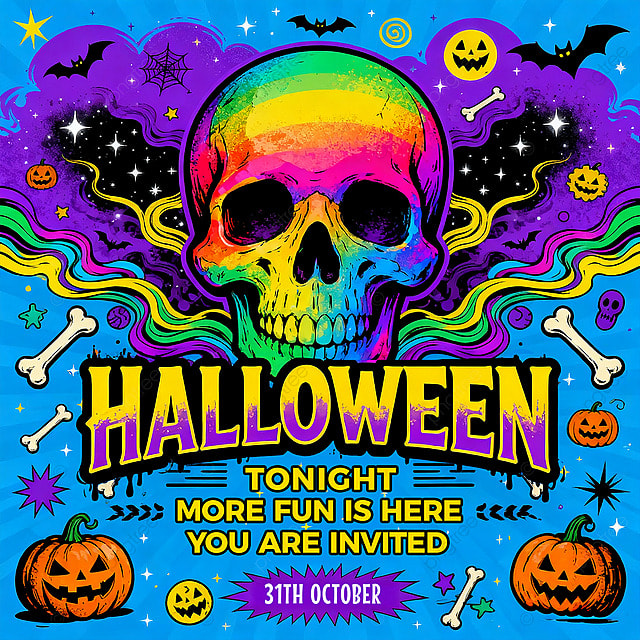 卡通彩虹霓虹光效头骨南瓜头万圣节派对社交媒体广告