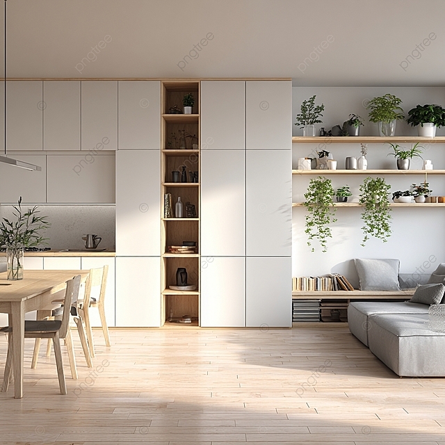 极简主义现代厨房，带有白色橱柜和自然照明