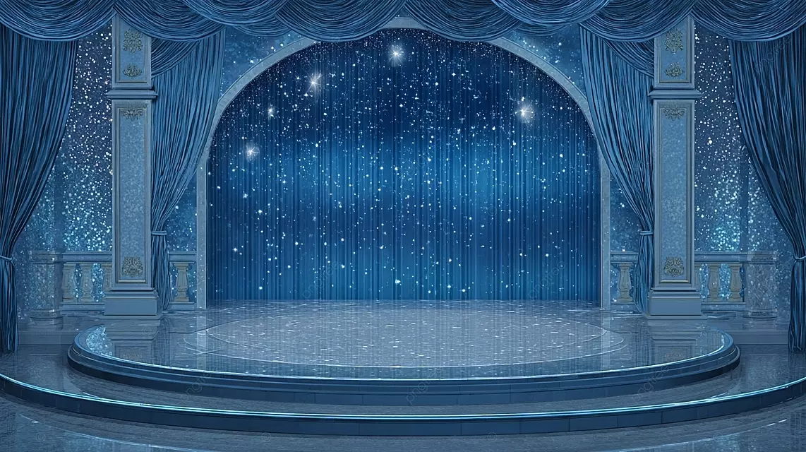 一个舞台上有蓝色窗帘和闪烁的星星在梦幻般的气氛下