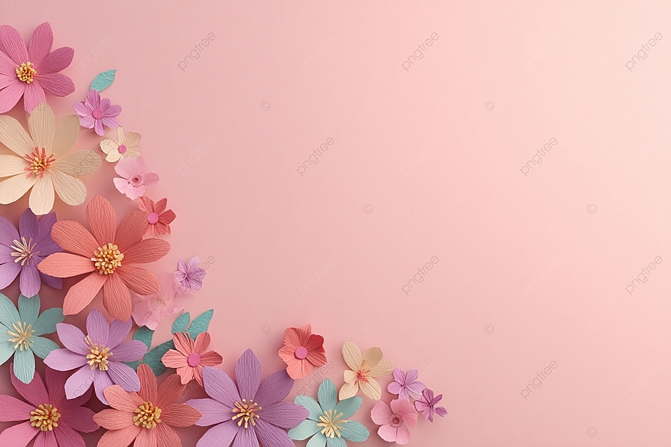 柔和的彩色纸花在柔软的粉红色背景上，带有文字空间