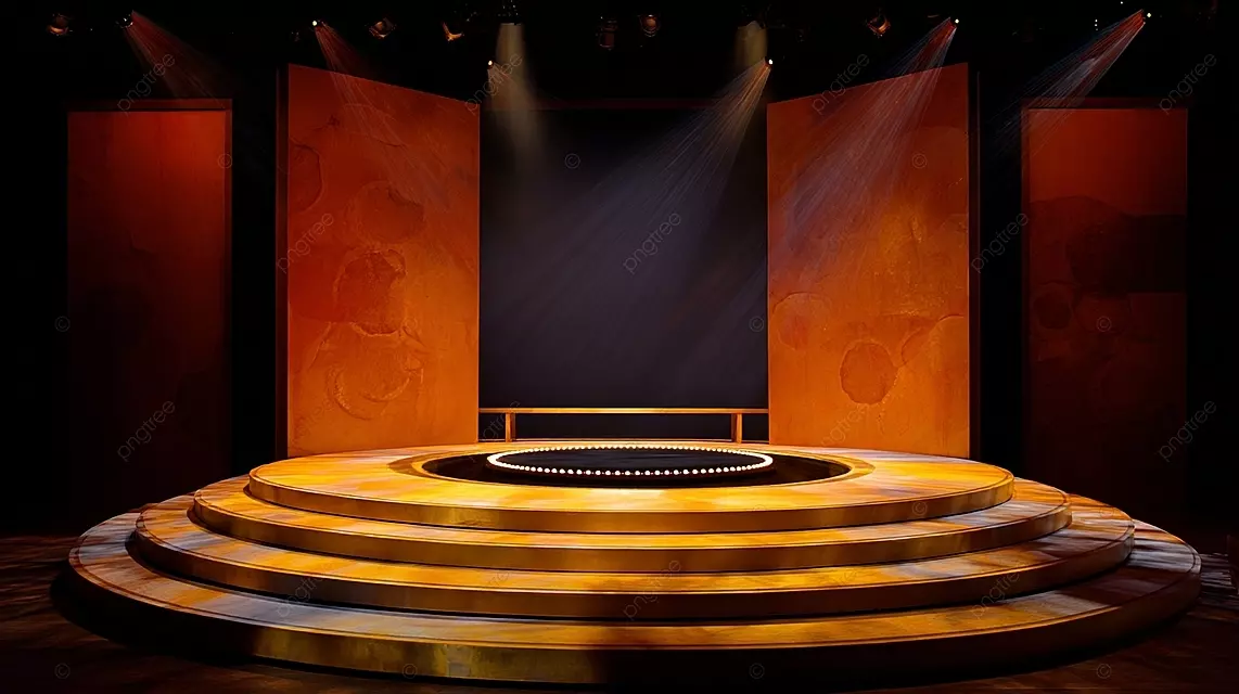 带有木制台阶和聚光灯的戏剧性圆形舞台