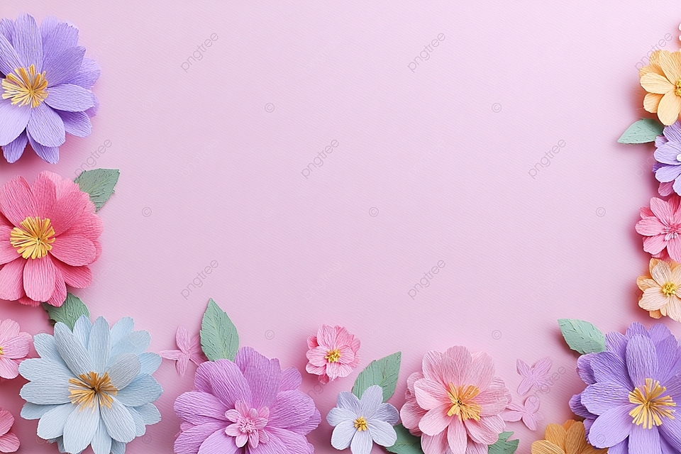 柔和的彩色纸花在浅粉红色背景上用于创意复制空间