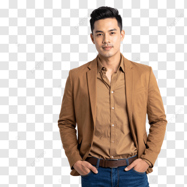 亚洲男子身穿休闲西装外套双手插兜半身像