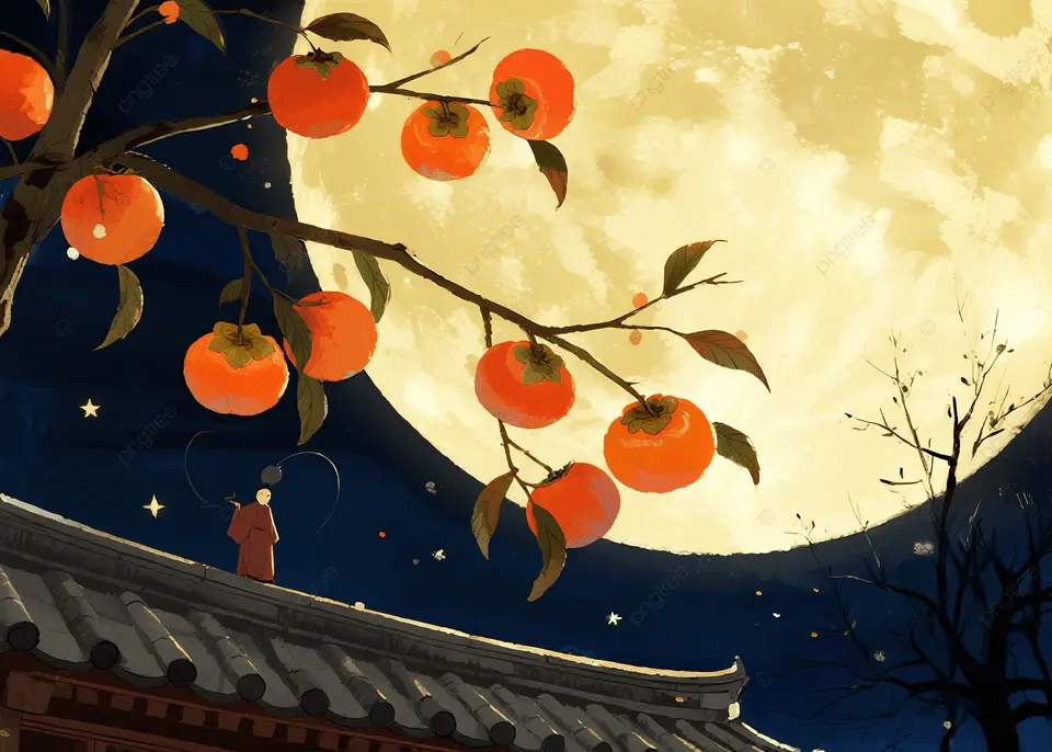 满月秋夜月亮柿子树背景
