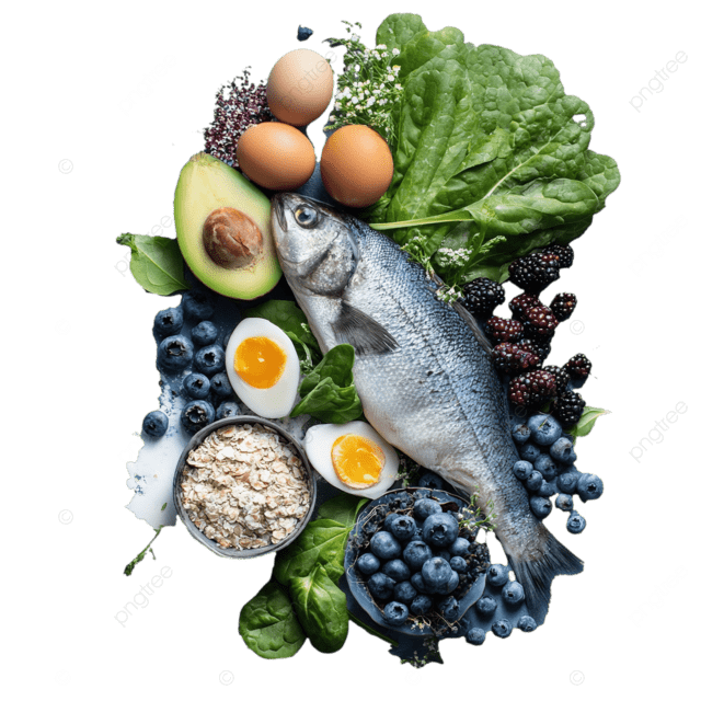 健康食品平坦的浅蓝色浅蓝色背景新鲜水果鱼谷物绿色