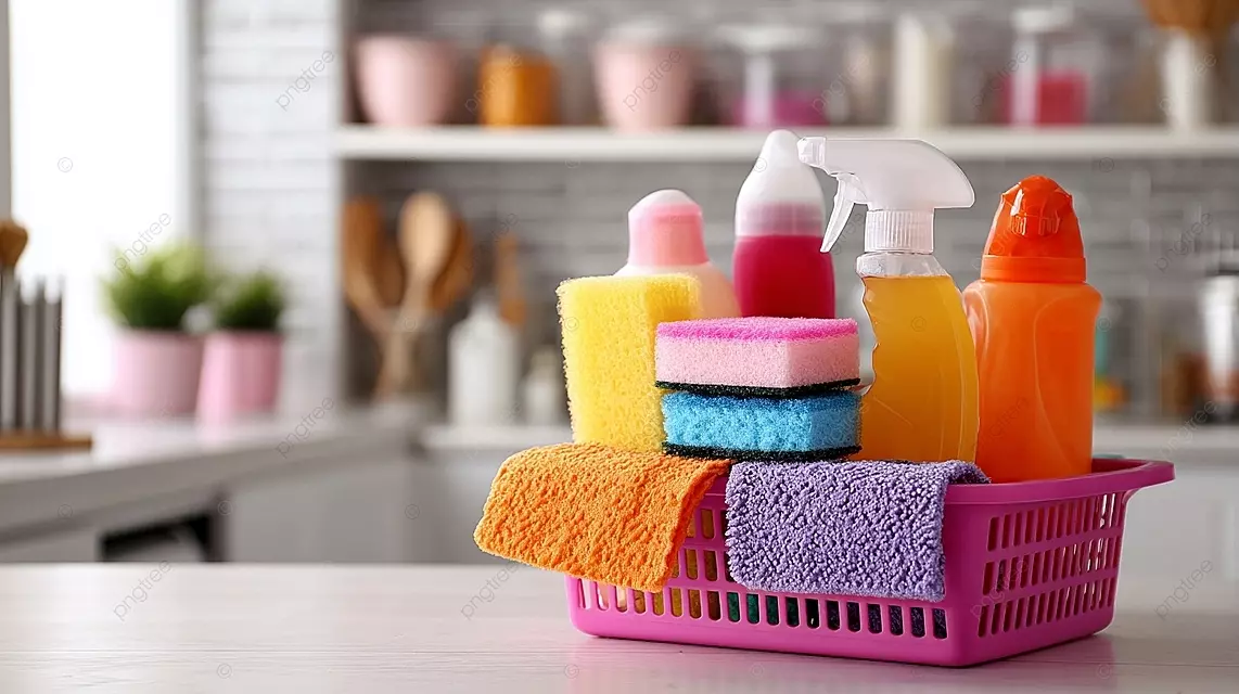 粉红色的塑料篮，厨房里的清洁用品