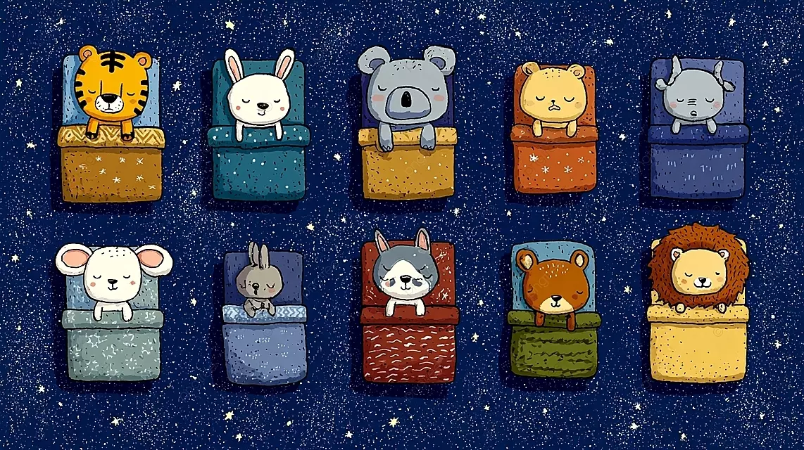 八个可爱的动物角色在星空下睡在五颜六色的床上