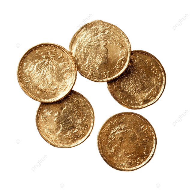 在干净的白色背景上的五枚闪亮金币的逼真的高架景观