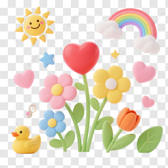 卡通风格鲜花爱心彩虹