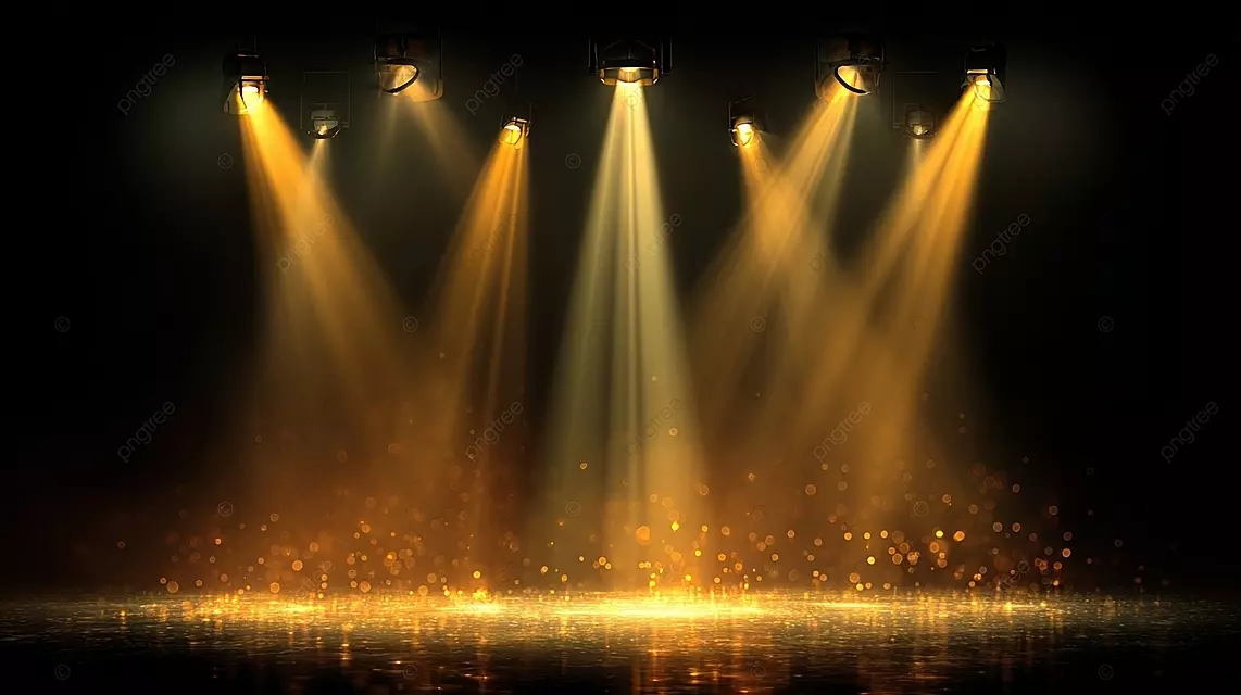 舞台照明效果，带有六个明亮的黄色聚光灯和闪闪发光的金点