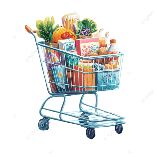 现代故事书购物车，里面装满杂货的白线白色背景