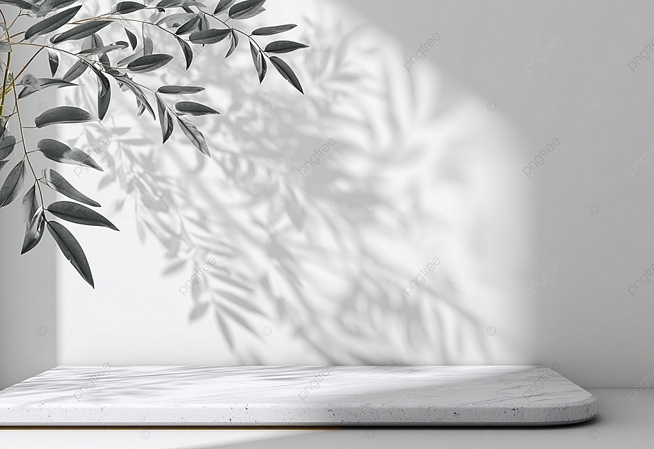 优雅的极简主义白色桌面，带叶子阴影用于产品展示