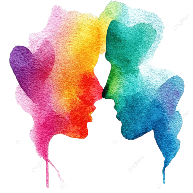 充满活力的 LGBT 水彩画，描绘了白色背景上一对爱心情侣