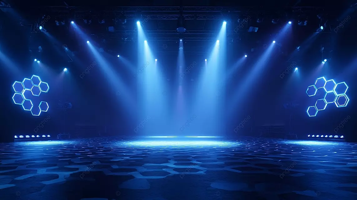 具有技术和未来主义深蓝色背景和聚光灯光束的舞台场景