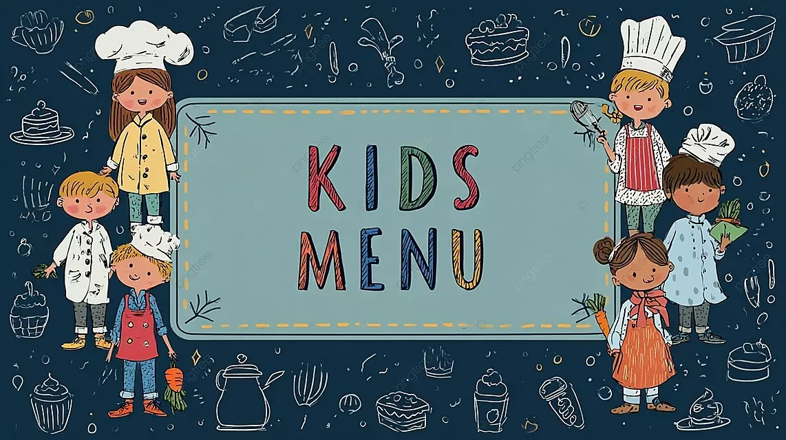 色彩鲜艳的孩子菜单设计与卡通厨师和厨房图案