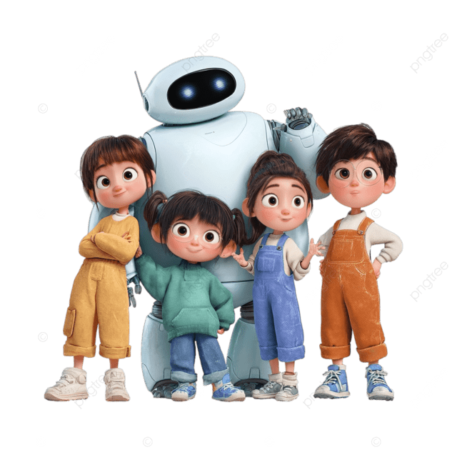 皮克斯卡通风格四个小孩和人工智能机器人儿童节壁纸白色背景