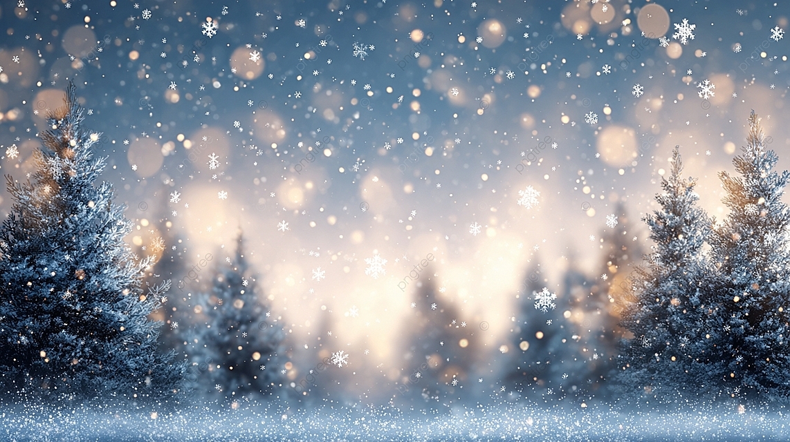 圣诞节冬季背景雪花松树金色光复制空间