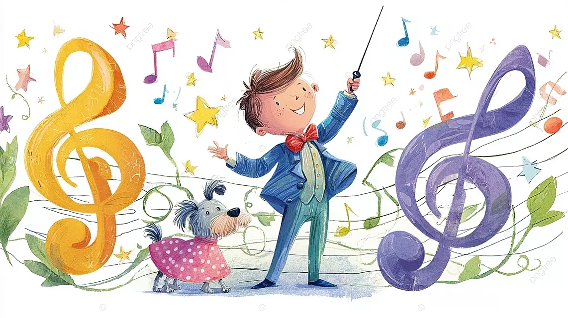 一个小男孩在星空下与一只狗和超大音符一起指挥音乐