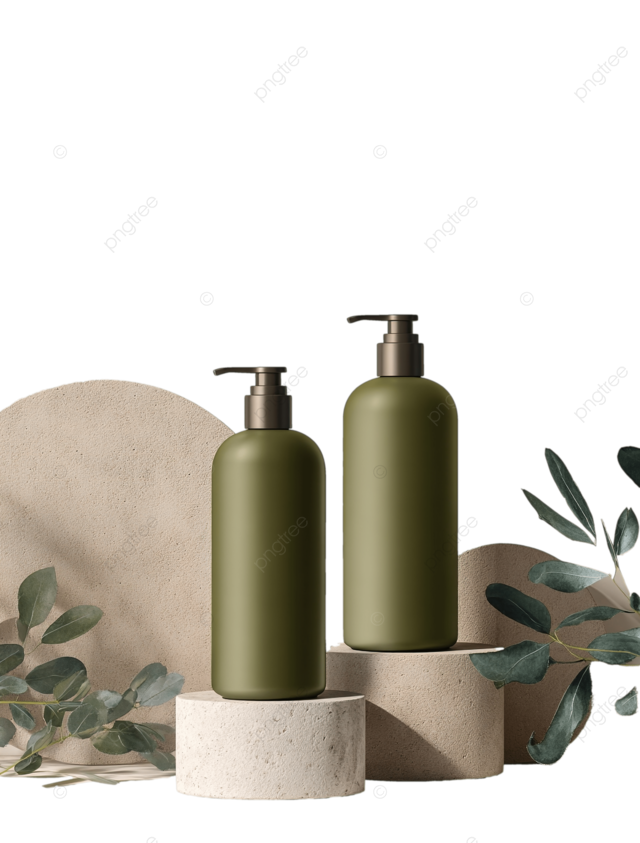 橄榄绿色洗发水瓶和桉树叶上的极简主义摄影