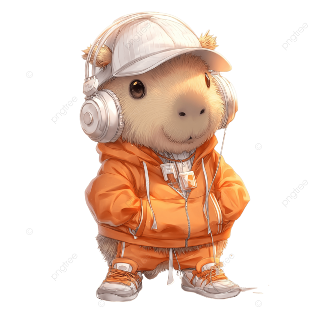 白色背景中身穿橙色休闲装 戴着耳机的迷人赤壁水豚