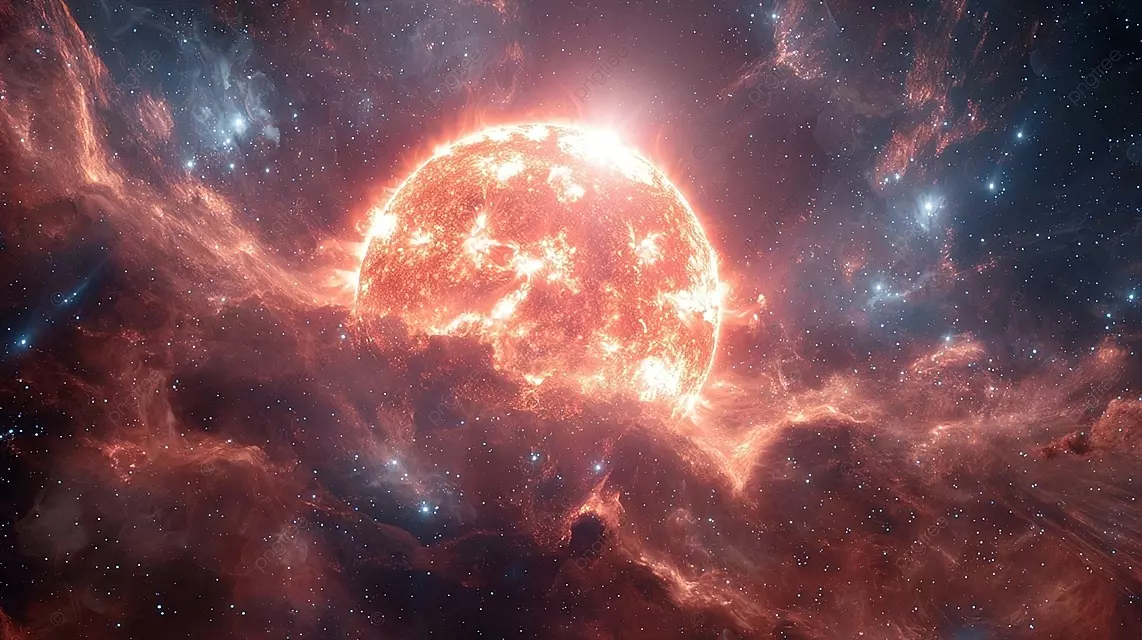 宇宙阳光散发出明亮的光线和火焰，在巨大的星空中，有闪烁的星星和星云