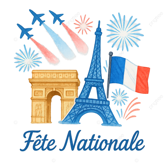 法国国庆贺卡水彩插画凯旋门飞机国旗