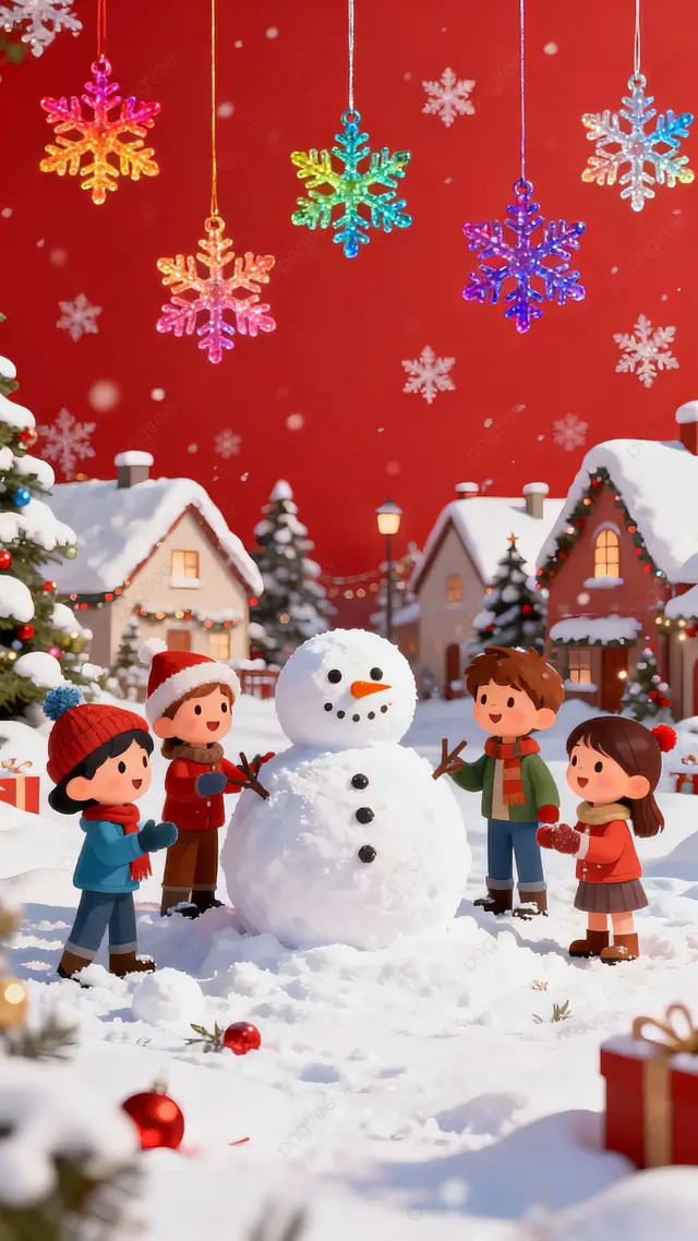 圣诞节红色小镇雪花雪插画背景