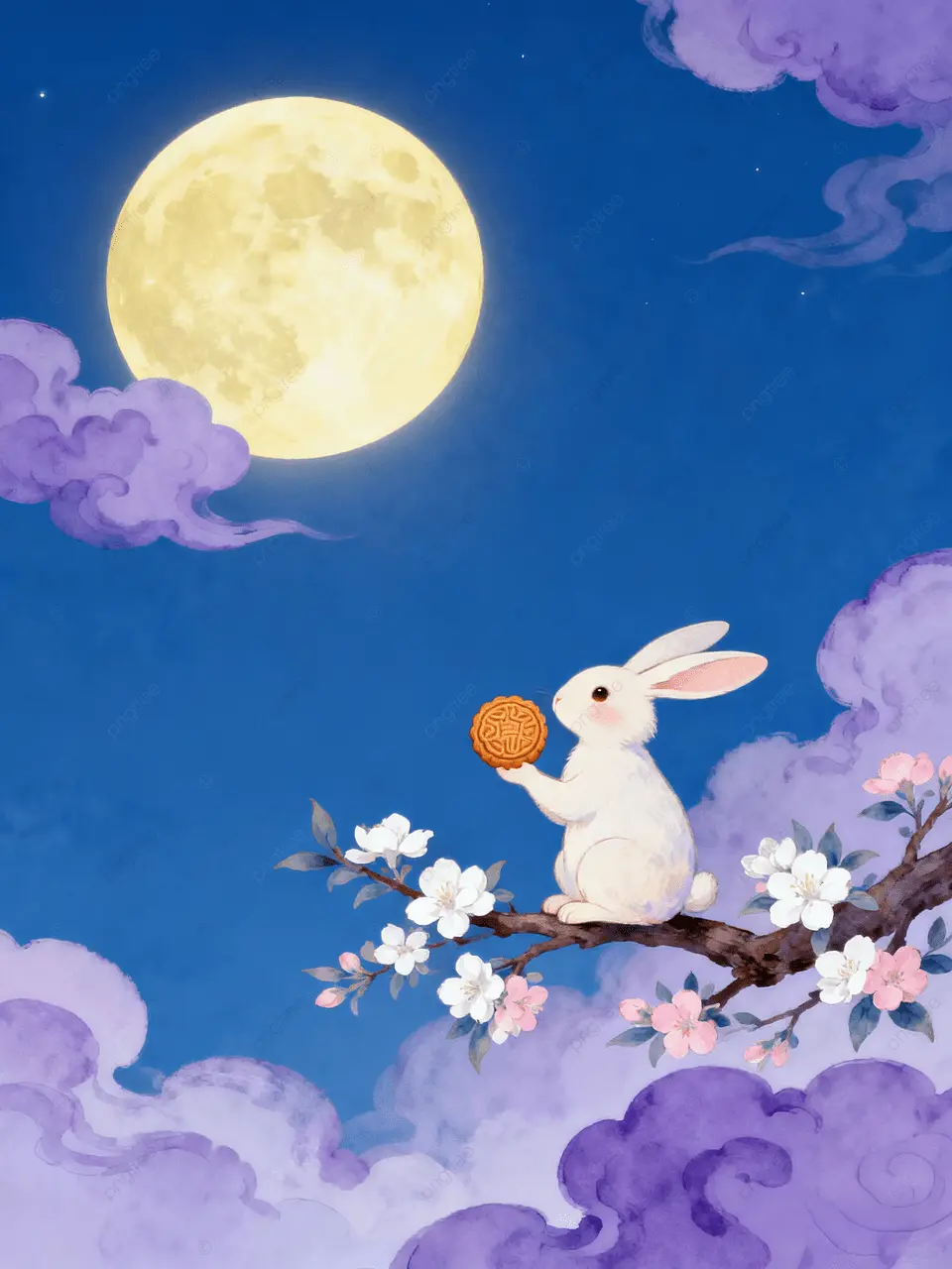 卡通星空花卉兔子月饼月亮中秋节快乐节日背景