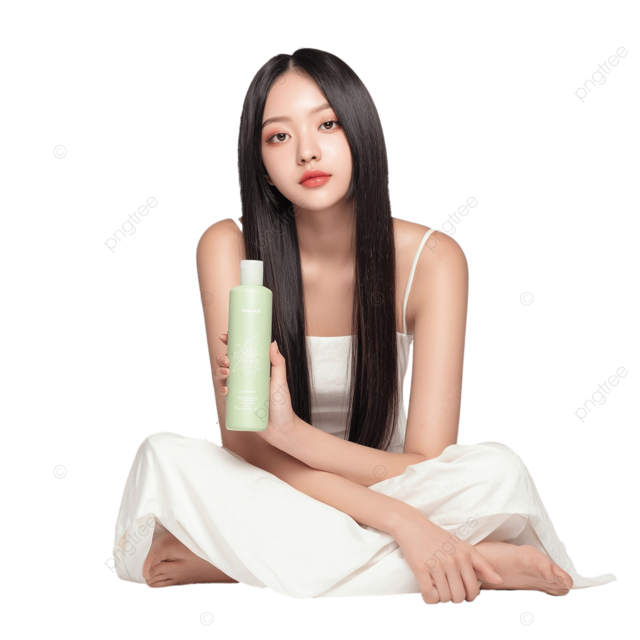 韩国妇女在简约美容工作室摄影中展示绿色洗发水