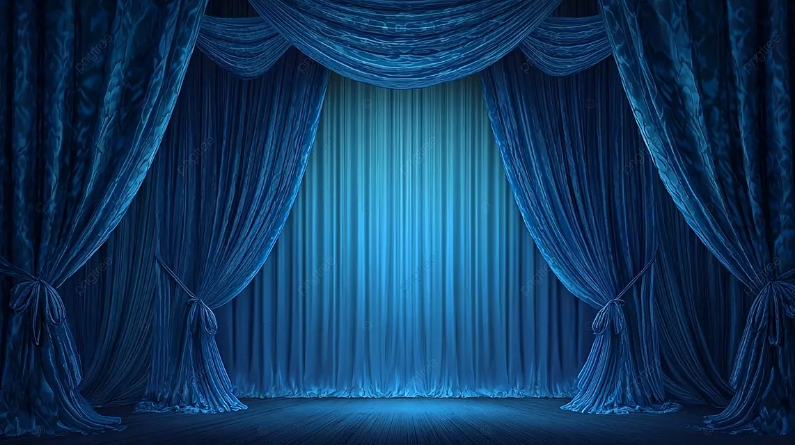 一个宏伟的舞台，蓝色的窗帘以对称的褶皱系着，等待着表演