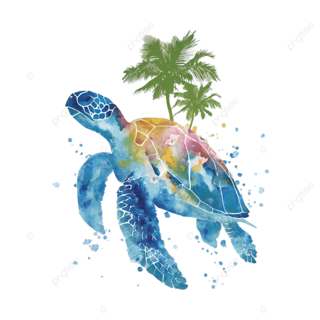 乌龟水彩徽标，带有棕榈树在白色背景