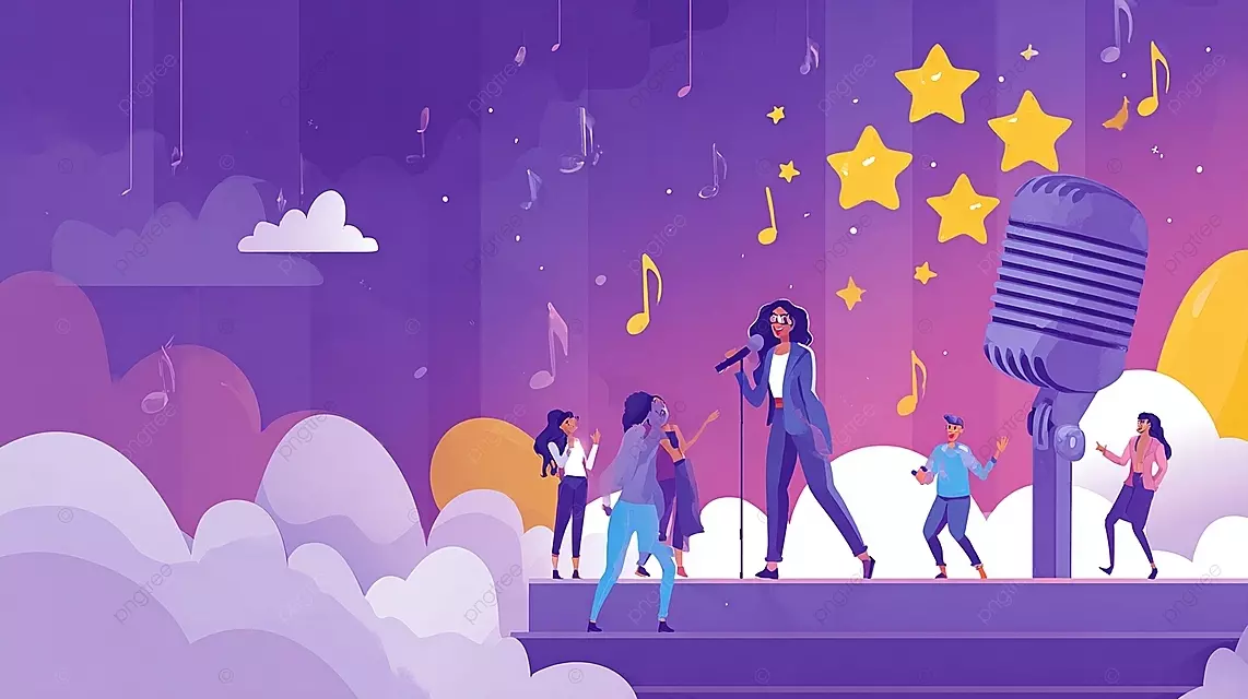 充满活力的舞台表演，紫色的天空和黄色星星