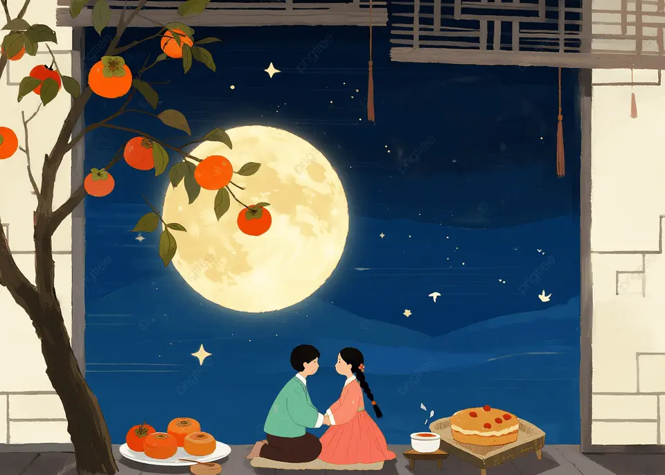 月亮结合秋叶韩国插画背景