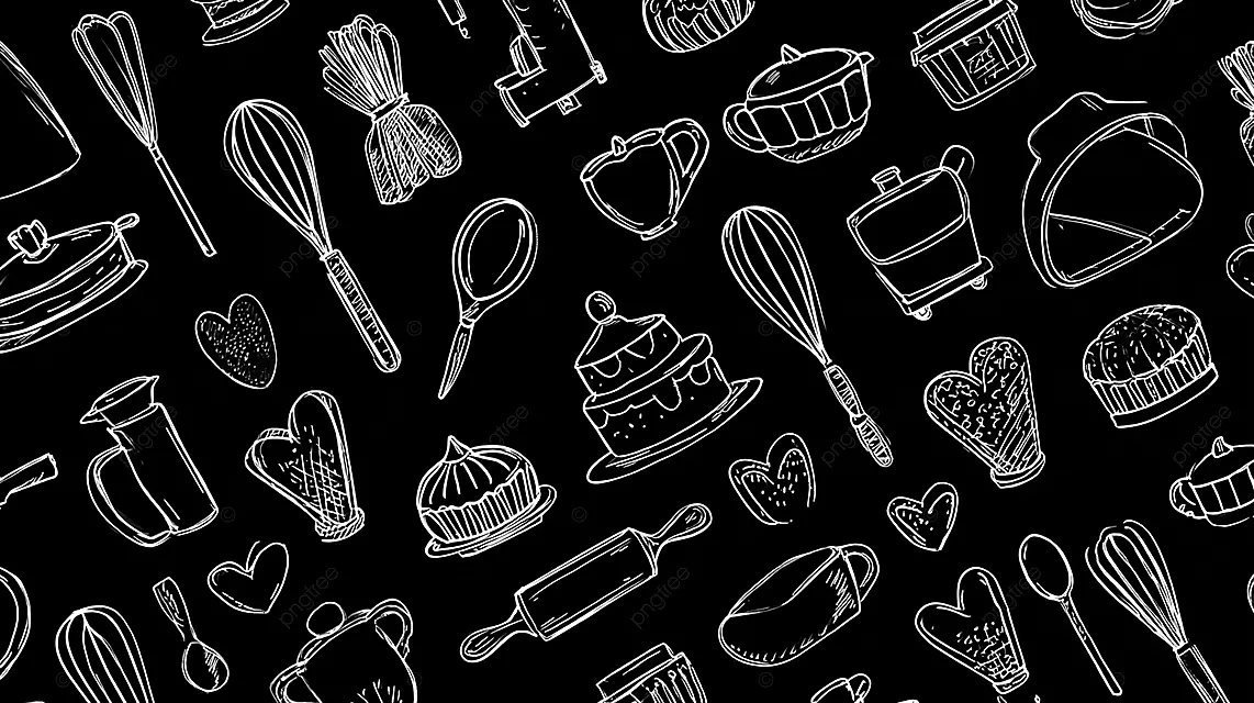 厨房用具和烘焙工具在黑色背景上
