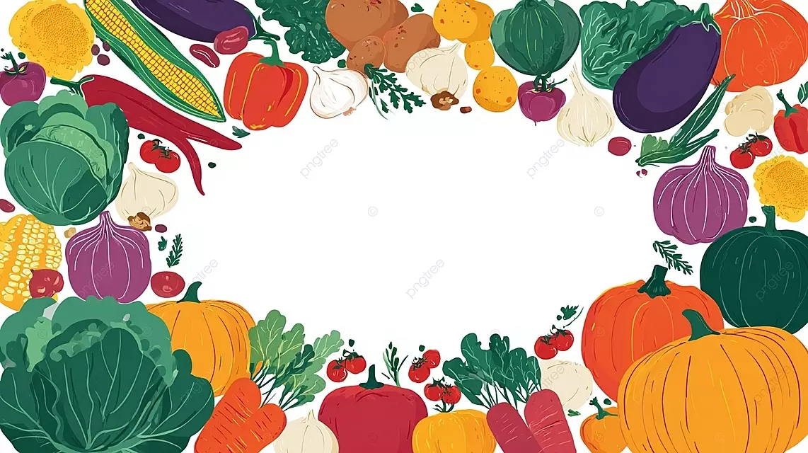 充满活力的蔬菜插图，中央空白空间被五颜六色的农产品包围