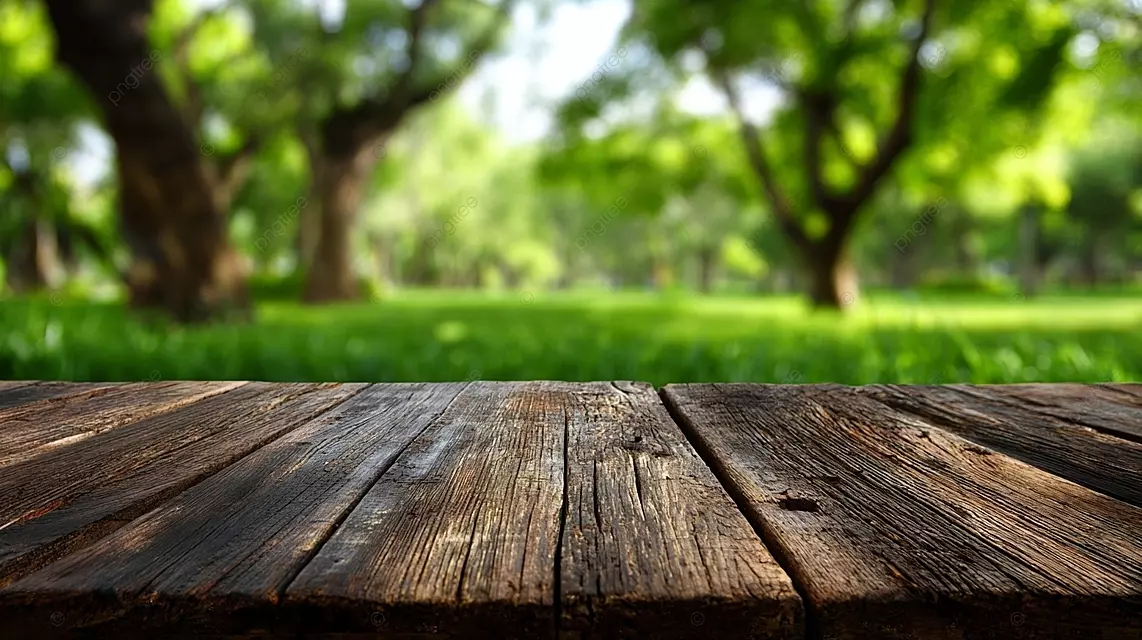 郁郁葱葱的绿草木制桌面，树木模糊和自然宁静