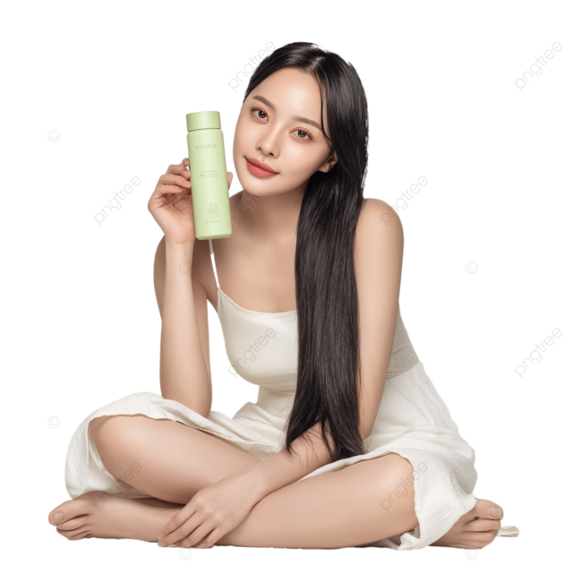 优雅的韩国妇女在简约工作室摄影中展示绿色洗发水