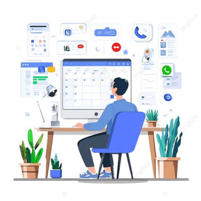 在桌面上安排带有日历和通信图标的桌面电话的电话