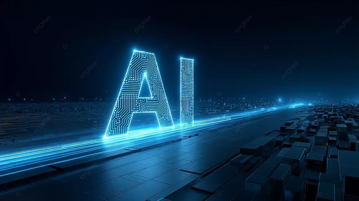 未来科技空间中的人工智能发光蓝色电路字母