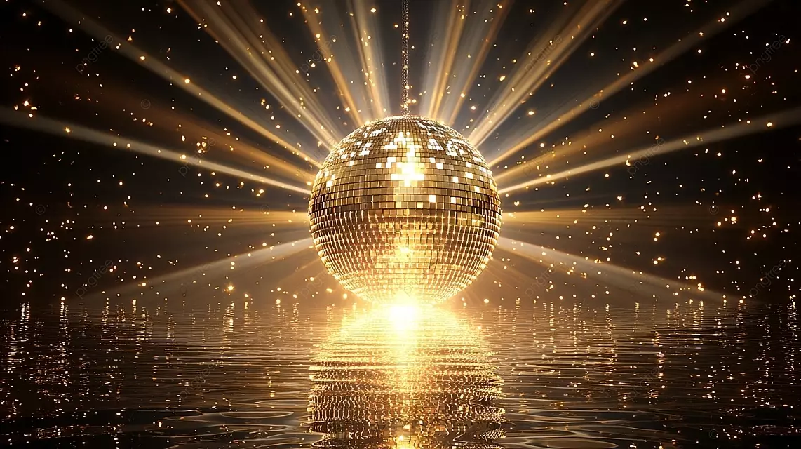 黄金迪斯科球辐射闪烁的光线在黑暗的星空背景上