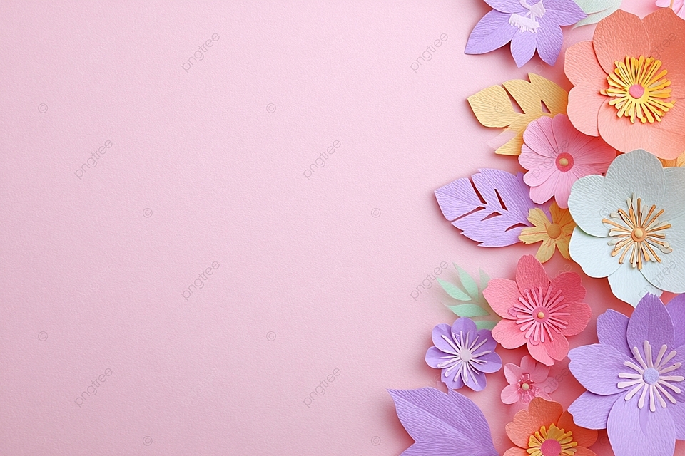 柔和的纸花在浅粉红色背景上，带有文字空间