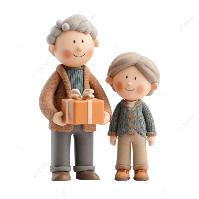 粘土老人像与孩子分享快乐的礼物，庆祝祖父母节