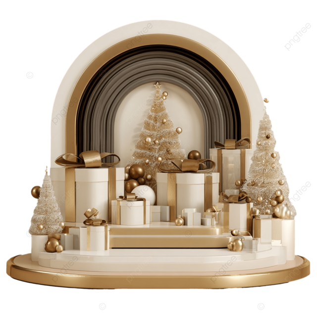 豪华圣诞讲台模型，配有金色圣诞树和礼品盒，用于新年广告