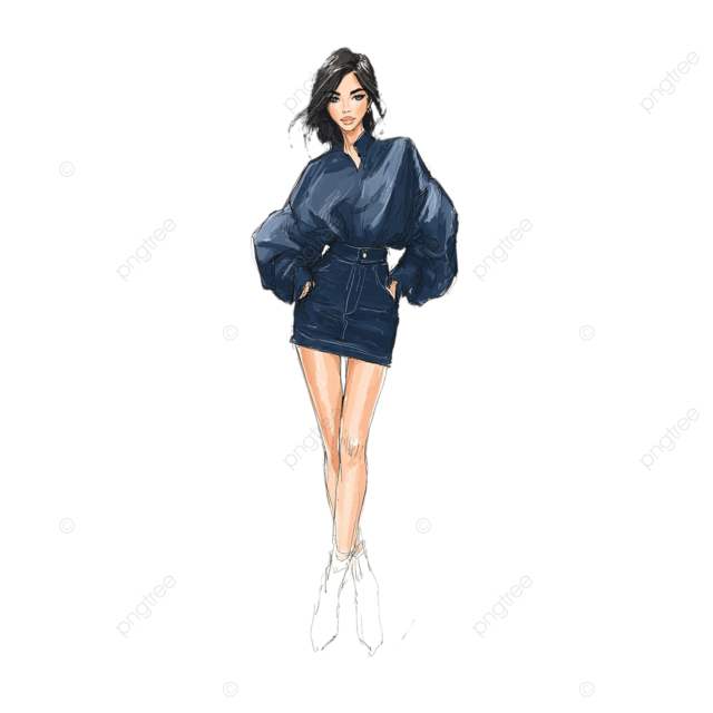 时尚素描女人超大外套泡泡牛仔裙休闲姿势